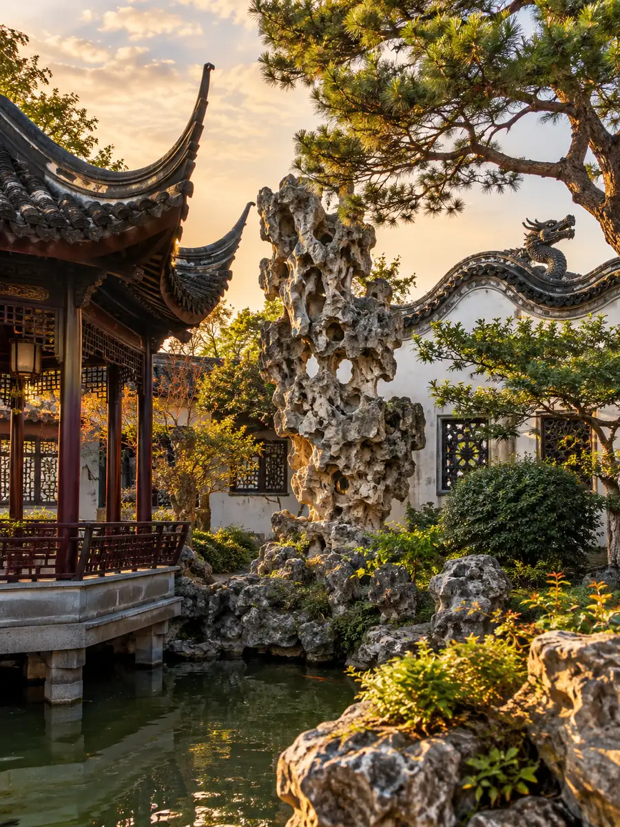 Ilustración de un patio de jardín chino clásico con una roca perforada, un pabellón de aleros curvados y un muro con lomo de dragón