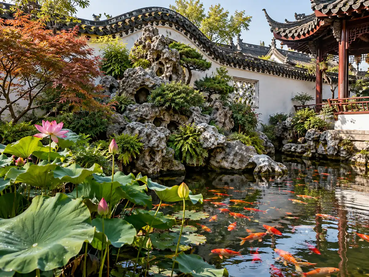 Ilustración de una roca artificial, un estanque de carpas koi y un muro blanco con lomo de dragón en un jardín de Shanghái