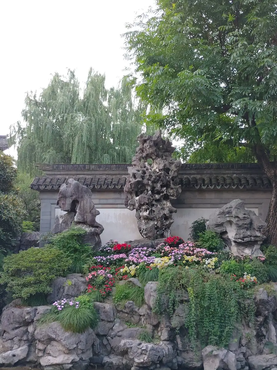 A rockery wall in Yu Garden with flowering shrubs in front of it